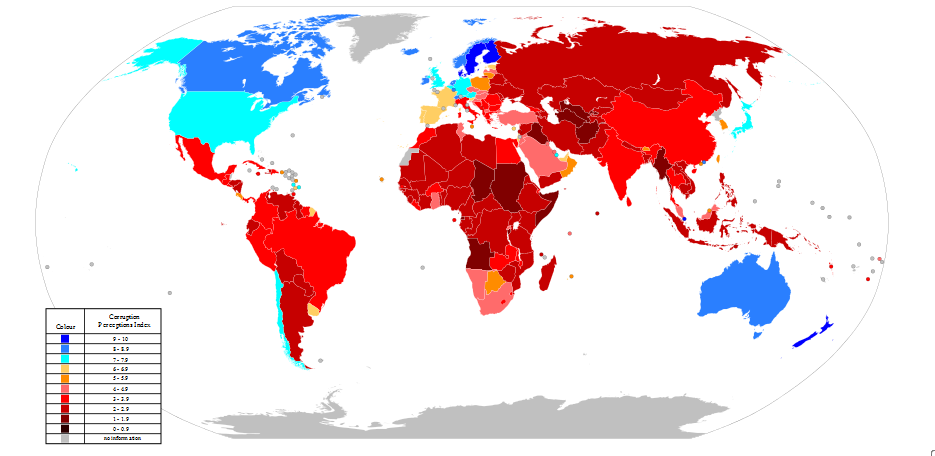 Maailman maiden korruptoituneisuutta kuvaava kartta.